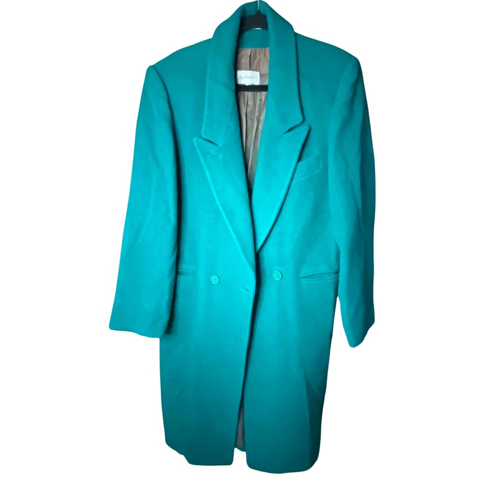 Glenbrooke Long Trench‎ Coat Women Large Teal Wool Double Breasted Vintage